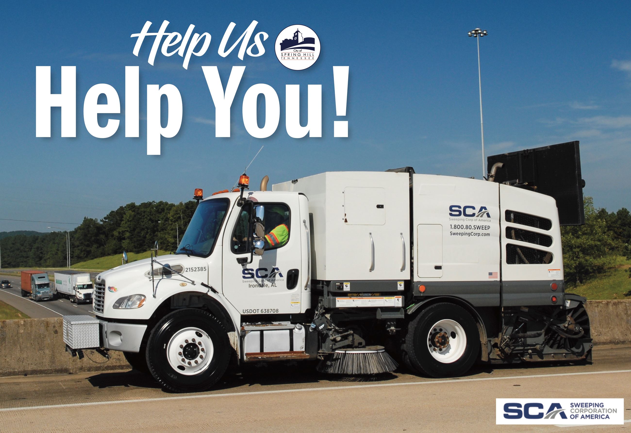 Quarterly Street Sweeping Notice showing street sweeper truck with text reading, Help us, help you! 